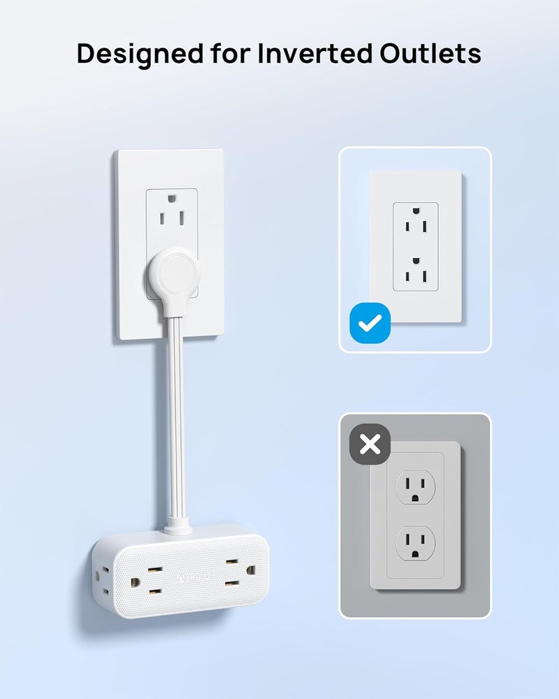 TROND Outlet Extender with 6 Inch Cord, Flat Plug Adapter for Inverted Sockets, 4 Electrical Sockets, 4 USB Ports, Multi Plug Wall Outlet for Home Travel, Cruise Ship Essentials, White - Image 2